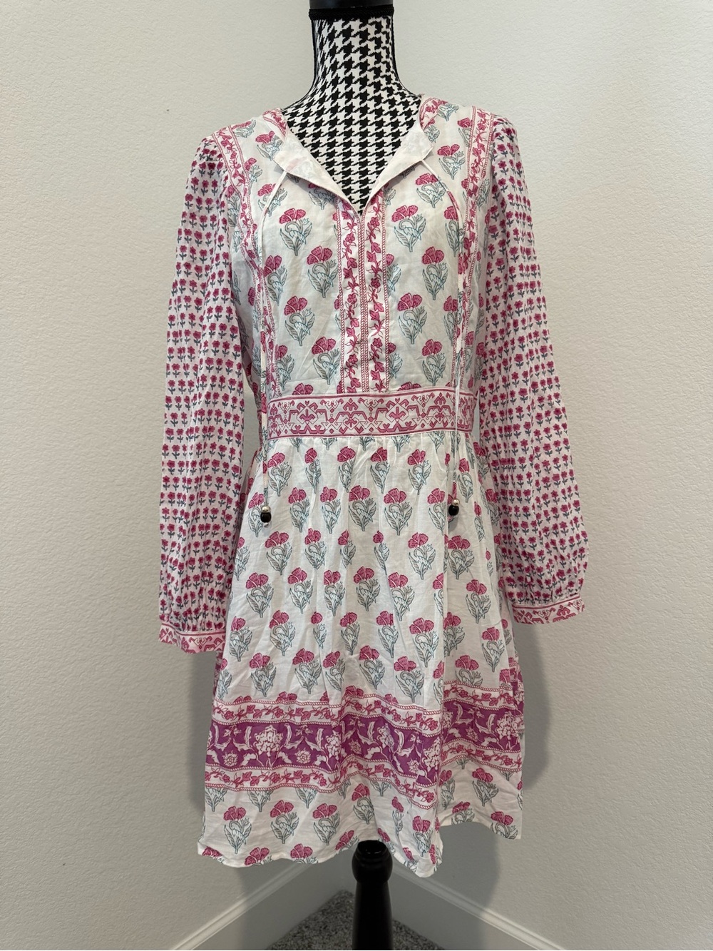 Floral Pink and White Long-Sleeve Cotton Dress